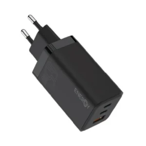 מטען קיר ENERGY GaN 65W עם שני חיבורי USB-C ו-USB-A כולל כבל USB-C to USB-C בצבע שחור