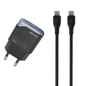 מטען קיר ENERGY GaN PD30W עם כבל USB-C to USB-C באורך 1.5 מטר, טעינה מהירה בטכנולוגיית GaN ועיצוב קומפקטי במיוחד.