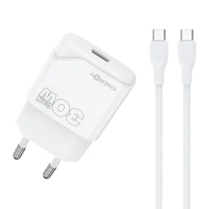 מטען קיר ENERGY GaN PD30W עם כבל USB-C to USB-C באורך 1.5 מטר בצבע לבן