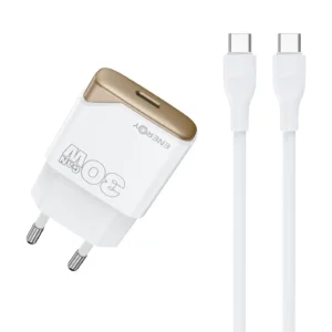 מטען קיר ENERGY GaN PD30W בצבע זהב עם כבל USB-C to USB-C באורך 1.5 מטר, טעינה מהירה, עיצוב קומפקטי וטכנולוגיית GaN מתקדמת.