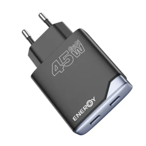 מטען בית ENERGY GaN PD45W עם שני חיבורי USB-C וכבל USB-C to USB-C באורך 1.2 מטר, לטעינה מהירה ובטוחה של סמארטפונים וטאבלטים.
