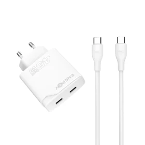 מטען בית ENERGY GaN PD45W בצבע לבן עם שני חיבורי USB-C וכבל USB-C to USB-C באורך 1.2 מטר, לטעינה מהירה ובטוחה.