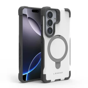 כיסוי Grip Case Legend MagSafe ל-Samsung Galaxy S26 בצבע לבן עם הגנה מתקדמת, אחיזה נוחה ותמיכה מלאה ב-MagSafe.