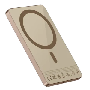 סוללת גיבוי אלחוטית Energy MP38 Legend בצבע זהב עם קיבולת 5000mAh, טעינה אלחוטית MagSafe עד 15W וטעינה מהירה USB-C עד 20W. עיצוב יוקרתי, דק וקל במיוחד המאפשר טעינה נוחה בכל מקום וללא כבלים מיותרים.