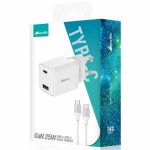 מטען קיר Nordic 25W GaN עם כבל USB-C ל־USB-C