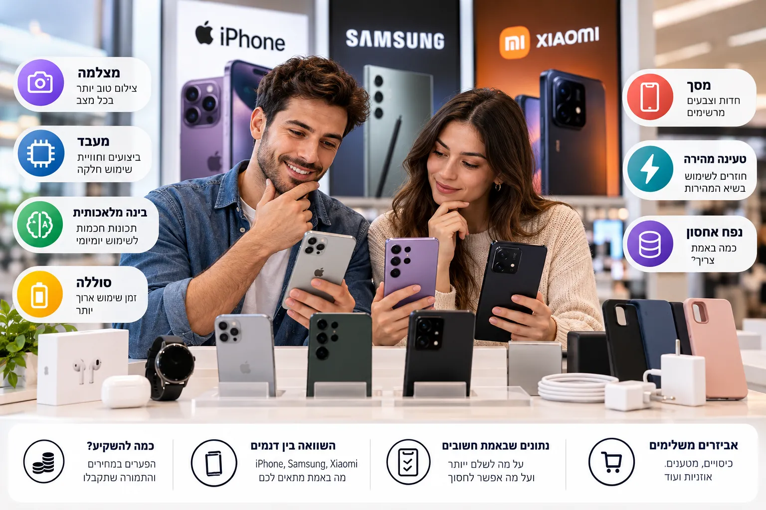 מדריך לבחירת סמארטפון ב-2026 עם השוואה בין iPhone, Samsung Galaxy ו-Xiaomi לפי מצלמה, סוללה, ביצועים ואחסון"